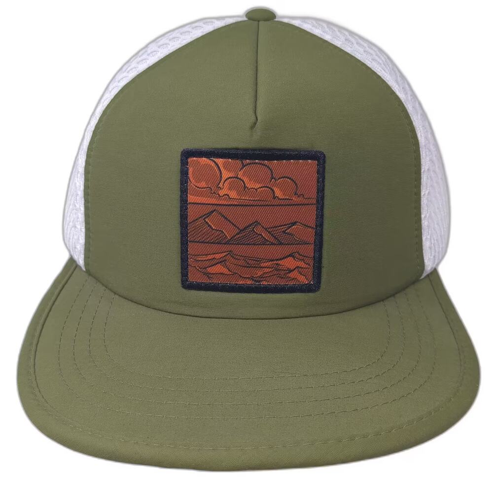 Traeger 5 Panel Hat Green White OS Mesh Mountain Landscape Patch Strapback Cap